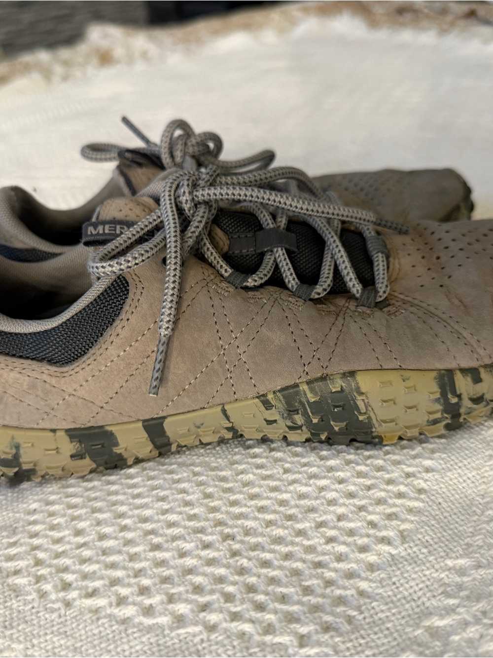 Merrell Taupe Suede Trail Sneakers with Camo Sole